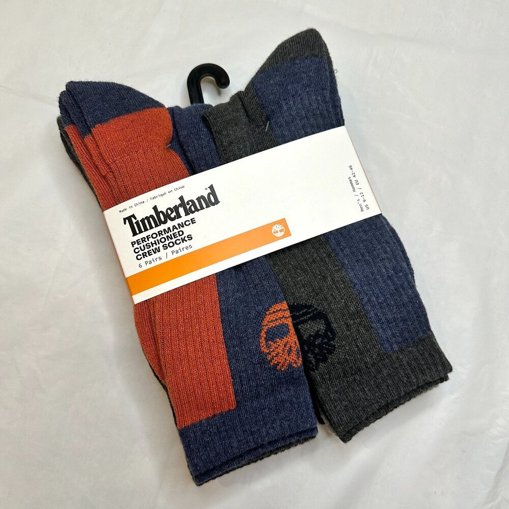 NEW 6 Pairs Timberland Cotton Crew Sock Men's Cushioned Sport Athletic Red Gray